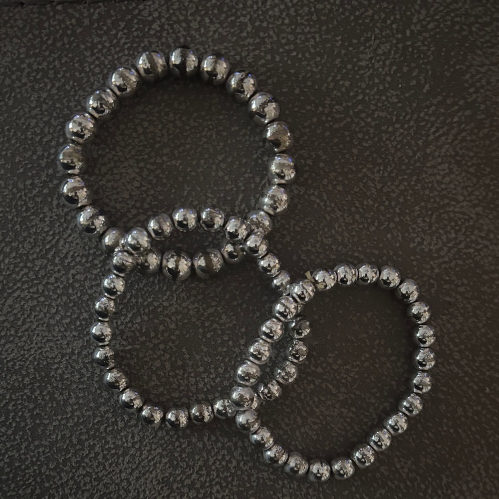 Set of 3 Metallic Hematite Beaded Stretch Bracelets